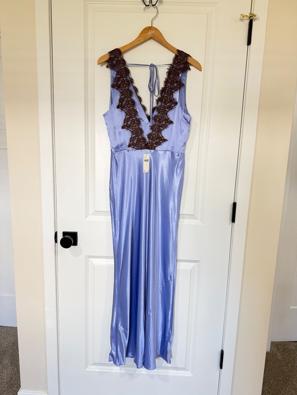 Anthropologie Blue Brown Lace V-Neck Satin Midi Slip Dress Medium - Picture 5 of 5